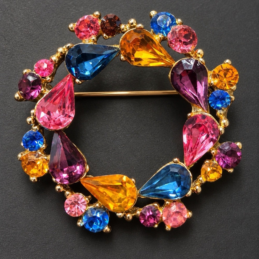 Vintage Multicolor Rhinestone Wreath Brooch 1.5" Gold Tone Teardrop Pin